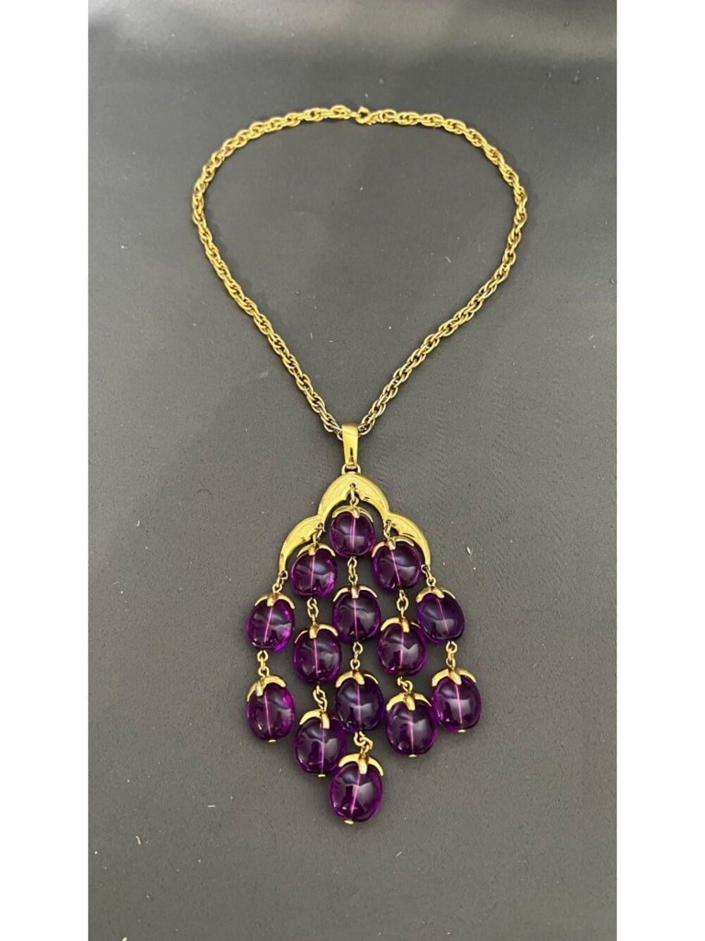 Vintage Crown Trifari Gold & Purple Statement Necklace With Cascade Pendant